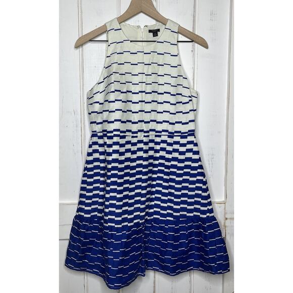 Ann Taylor Petite Linen Blend Coastal Nautical Blue White Fit Flare Dress 4P - Picture 1 of 12